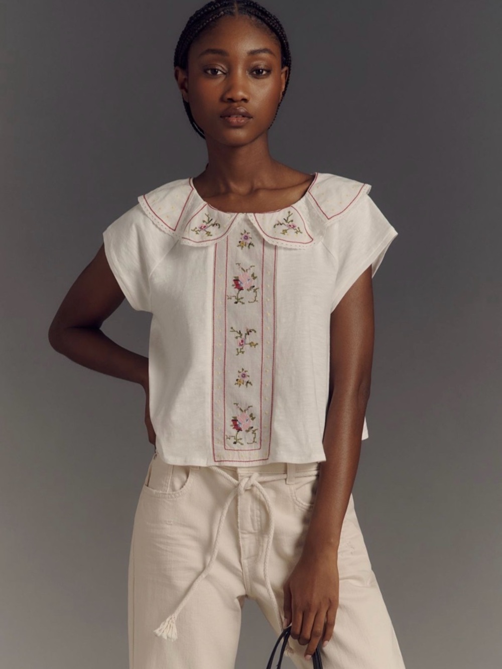 NWT Anthropologie Embellished White Cotton Collared Top with Floral Embroidery